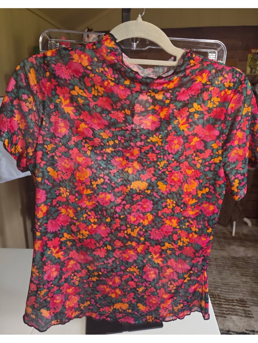 Floral Sheer Mesh Short Sleeve Top